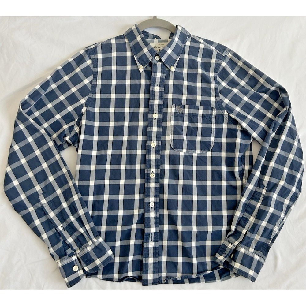 Abercrombie & Fitch Youth Large Long Sleeve Button Down Blue Plaid Muscle Fit